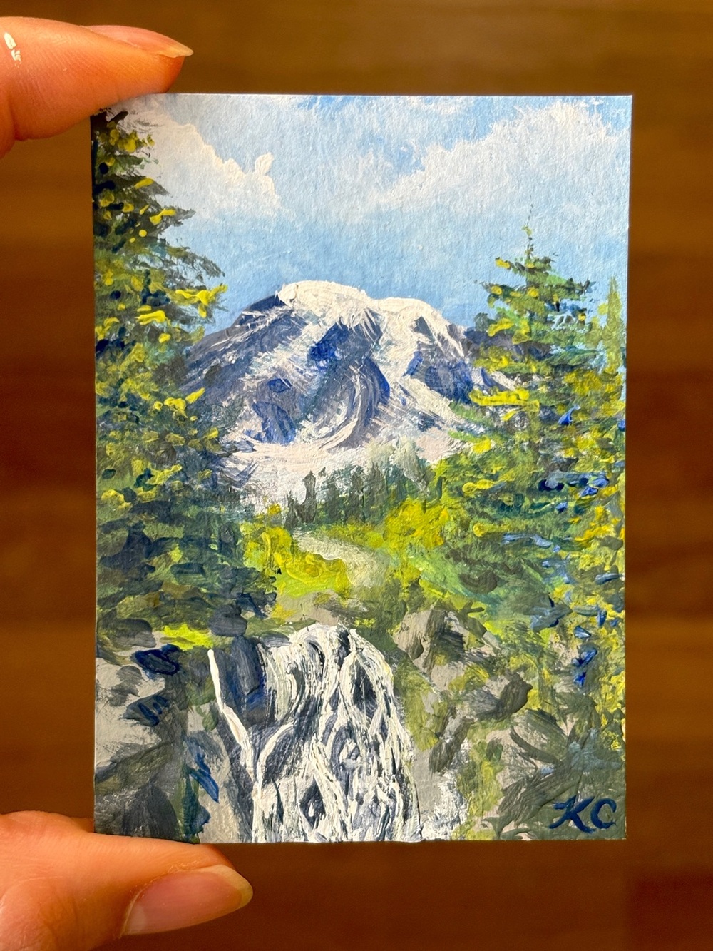 ACEO Original Rainier Park Mountain Waterfall Landscape Acrylic -PaperTrailbyKC